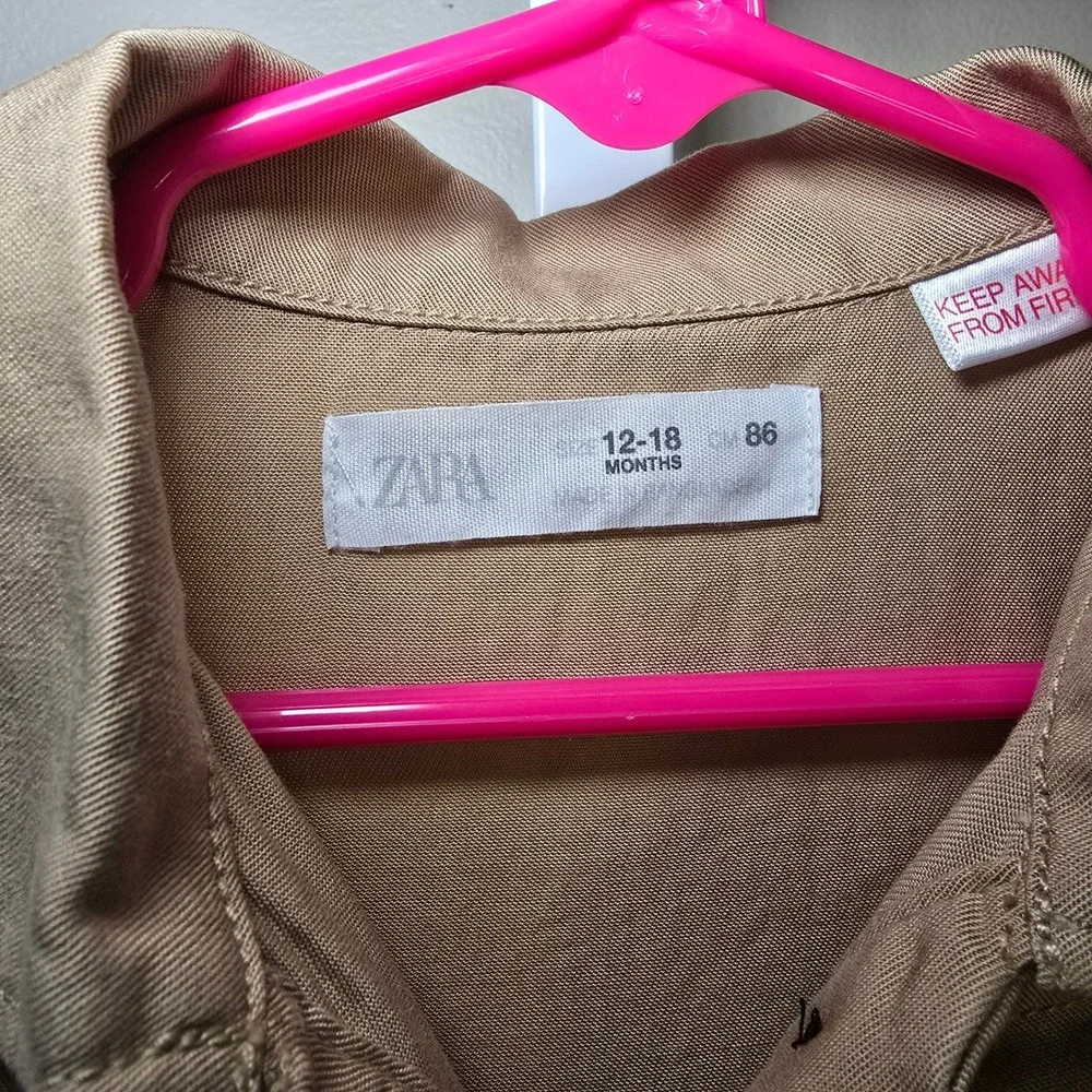 Zara Kids Girls Tan Utility Button Front‎ Dress Size 12-18 Months